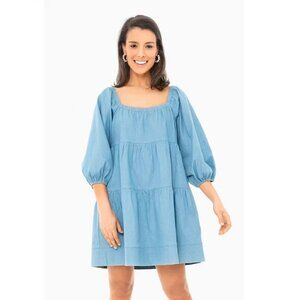 LALAVON Women's Chambray Square Neck Dress sz M NWOT Mini Tiered Puff Sleeve